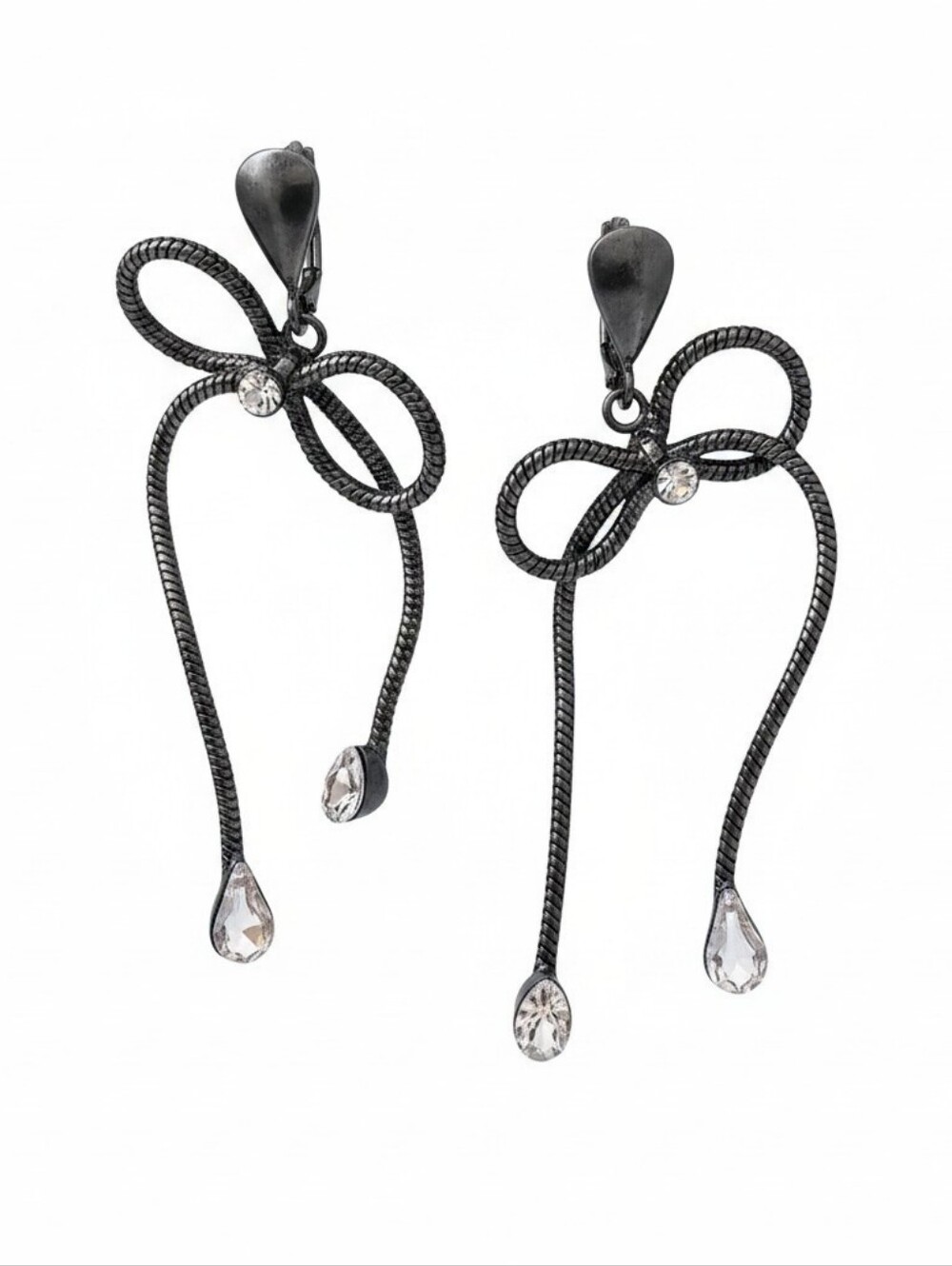 Betsey Johnson Black Bow Drop Earrings with Clear Crystal Accents, NWT